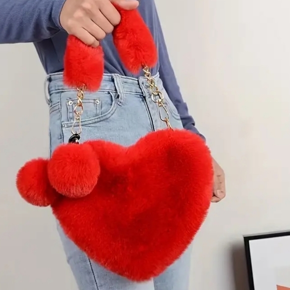 Handbags - New Valentine's Plush Red Heart Purse, with Crossbody Gold Chain